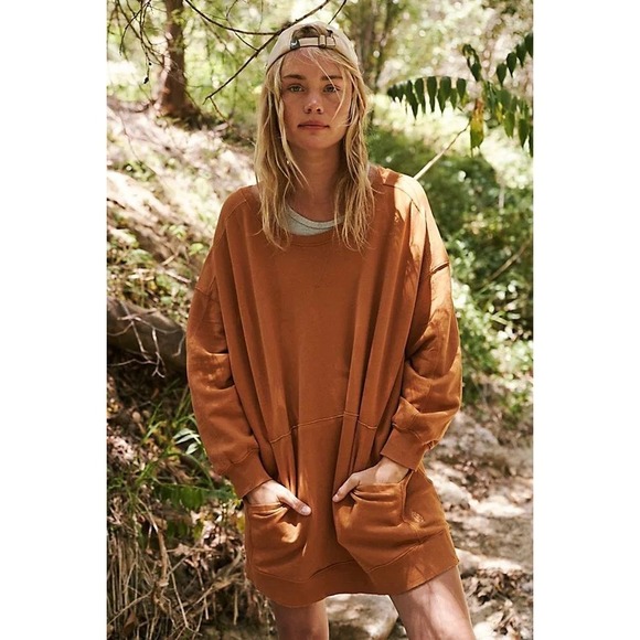 Free People Tops - Free People Oversized Sweatshirt Dress Amber Orange Cotton Blend Pockets